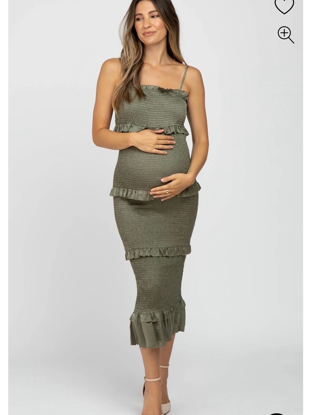 Olive Satin Smocked Fitted Maternity Midi Dress
